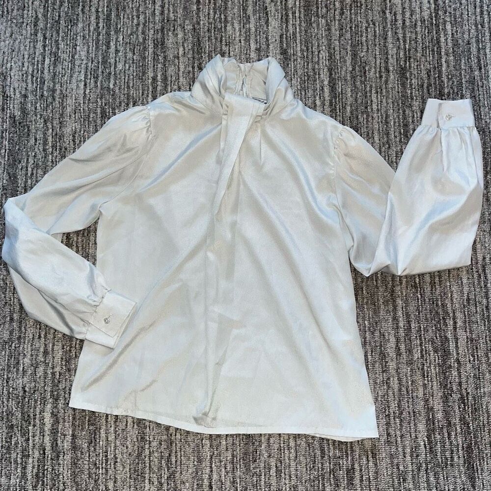 Vintage Women’s Size 10 Silky Blouse High Neck Gray Top Long Sleeve Office